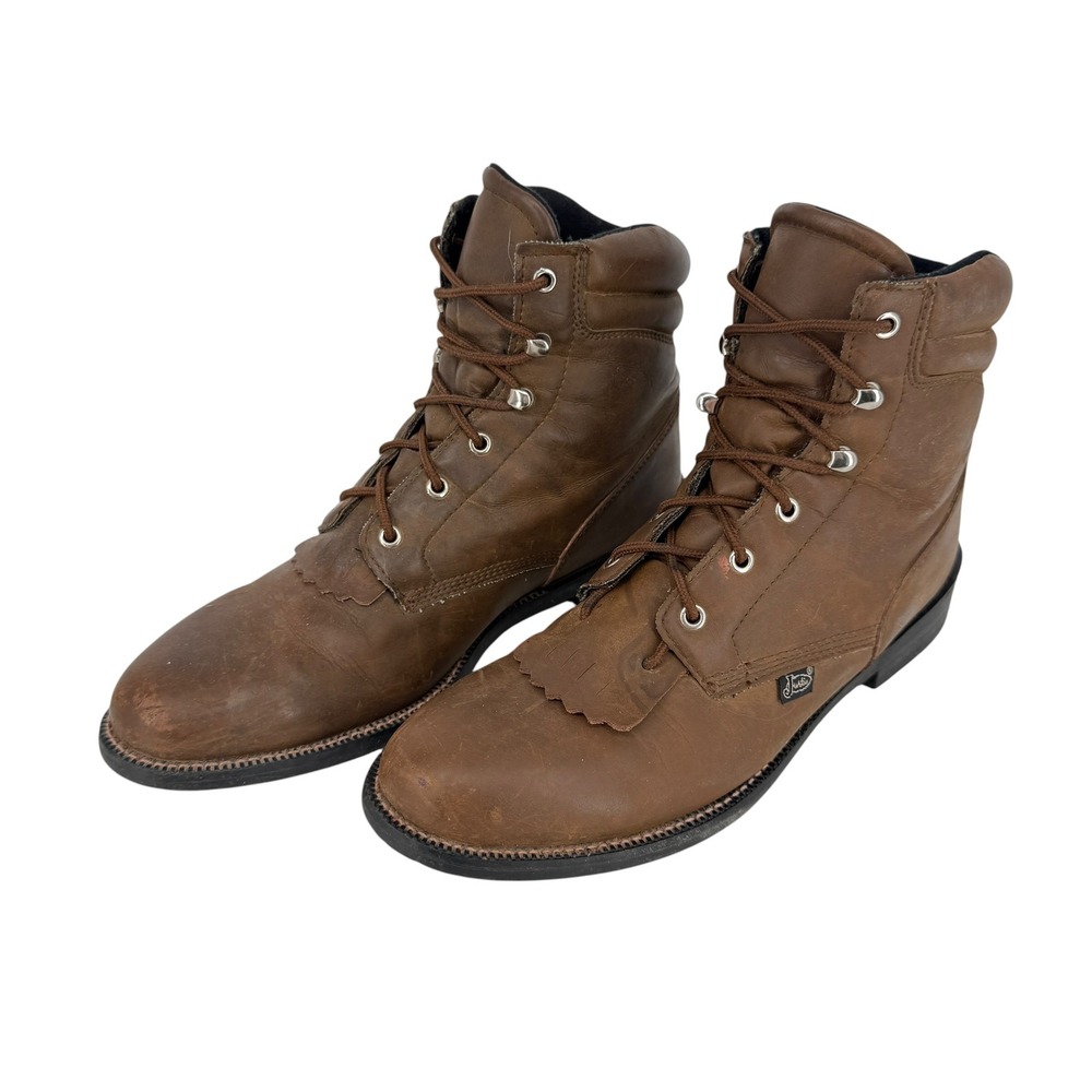 Justin Basics Brown Leather Kiltie Lace Up Work Boots Mens Size 8D Round Toe